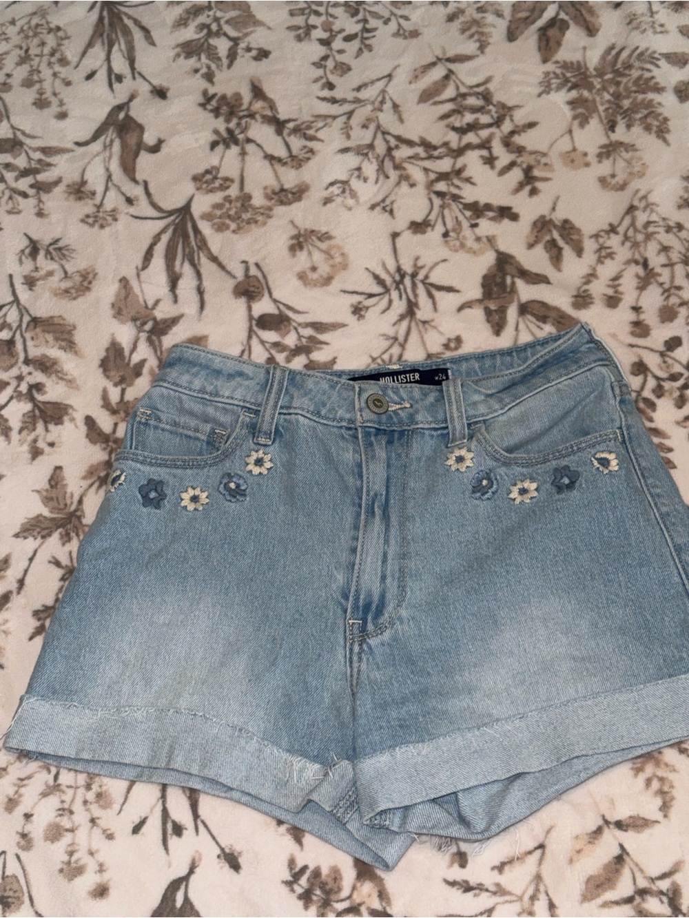Hollister Light Blue Denim Shorts with Floral Embroidery